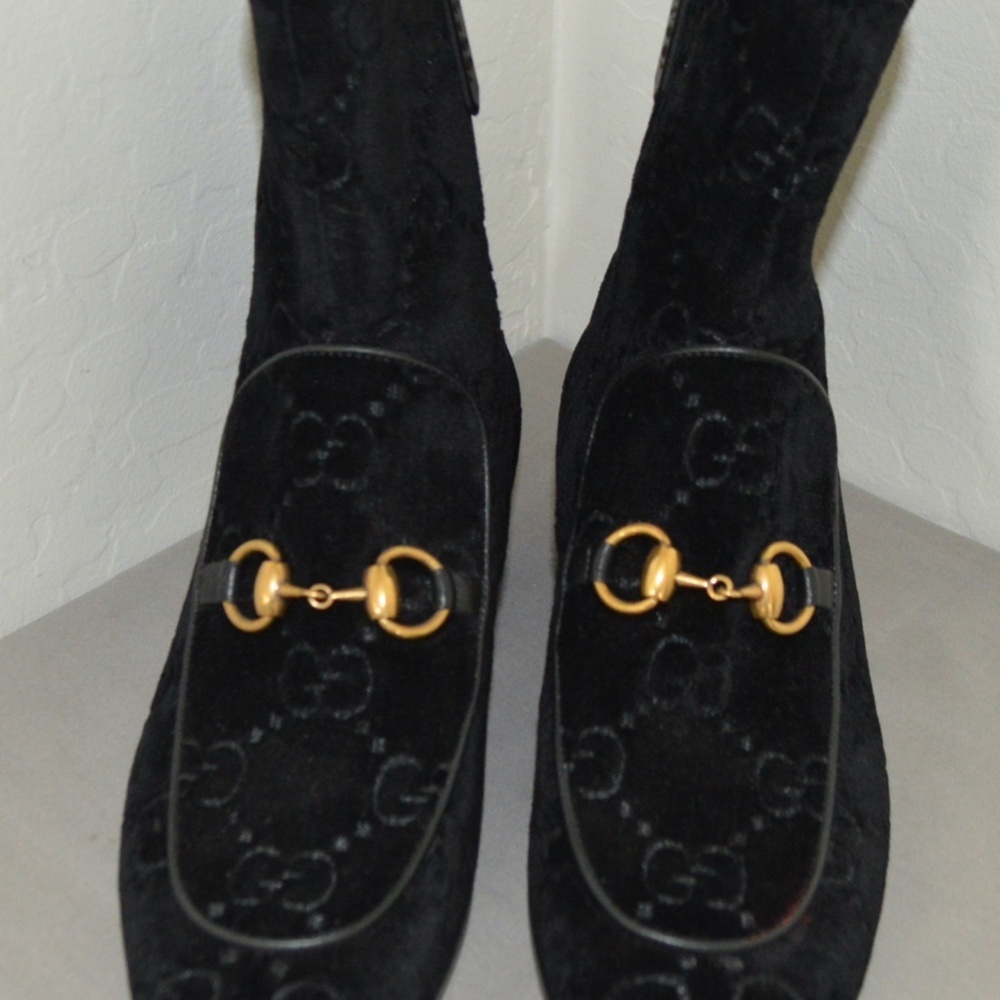 Gucci 'Mister GG' Monogram Velvet Horsebit With Rhinestone Black Boots SZ 37.5 - Picture 3 of 14